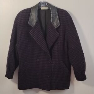 Vintage Retro 80s Fashions By Jill Leather‎ & Wool Abstract Plaid Black & Purple